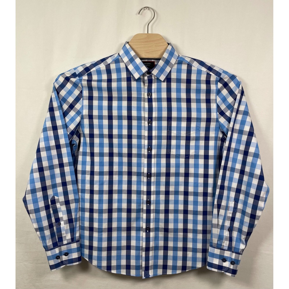 UNTUCKit Mens Medium Blue White Gingham Check Wrinkle Free Regular Fit Shirt